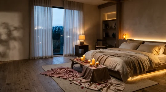 Transformation d'un espace intime en décor de cinéma pour une soirée romantique